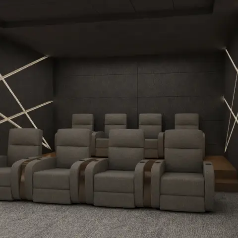 Interior of a home theatre setup with comfy furnishings