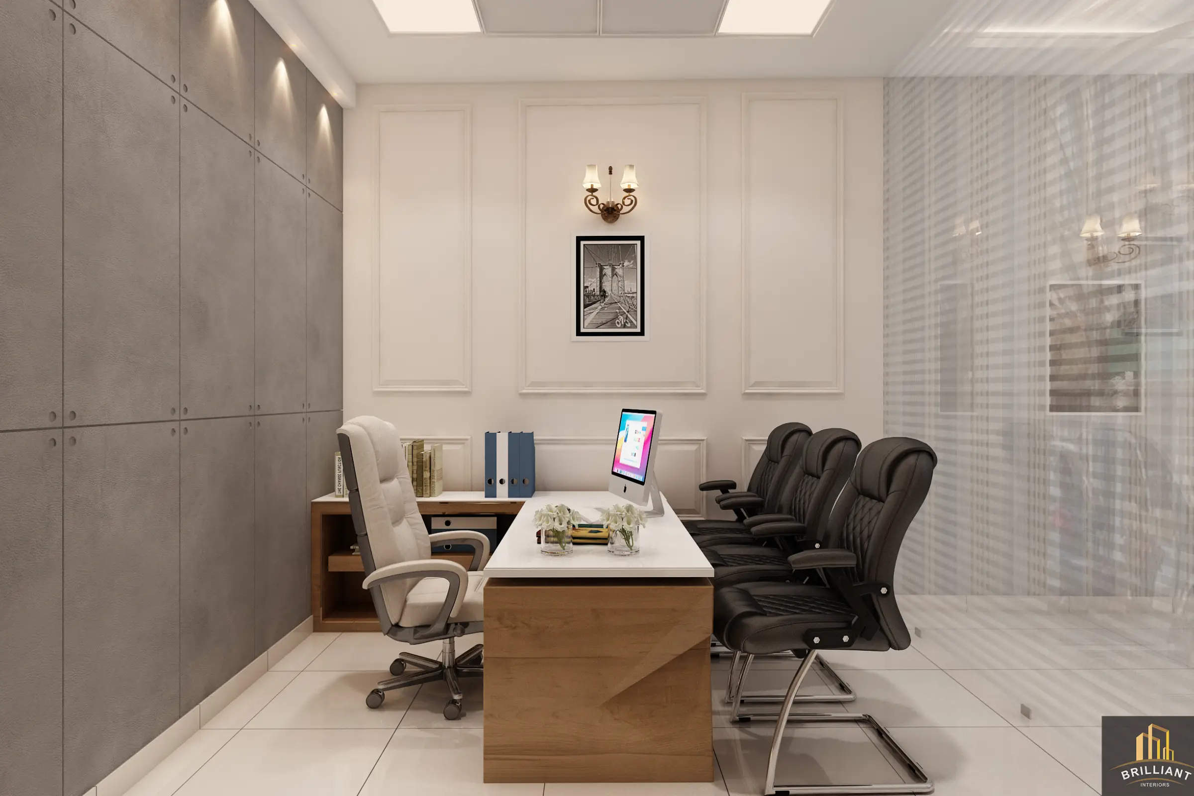 Attractive office interior with light-colored walls and stylish office chairs