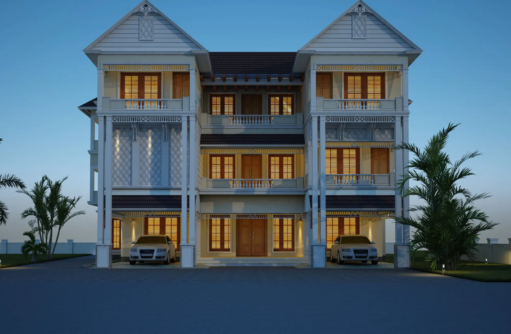 A luxurious home with excellent design and exterior lighting