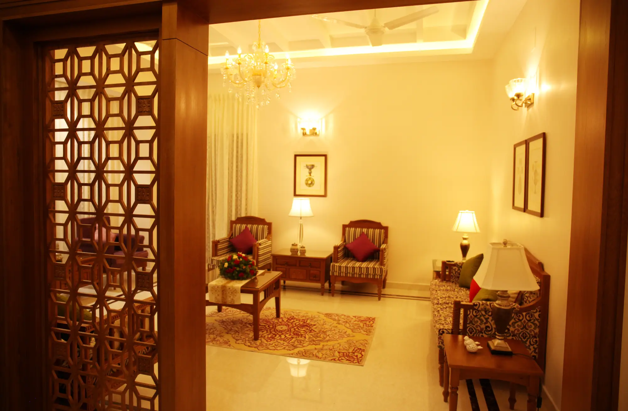 a brightly lit living room's entrance