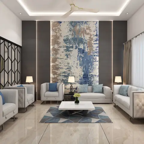 A living room with a gorgeous wall painting and furnishings, and an attractively designed interior.